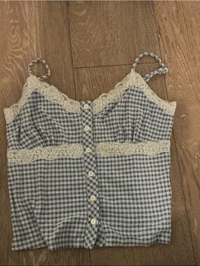 Gingham Lace-Trim Cami Tank in Blue and Cream
